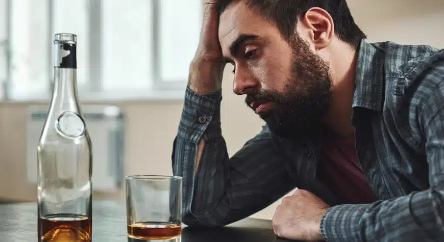 A man struggling with problematic social drinking drinks an alcoholic beverage.